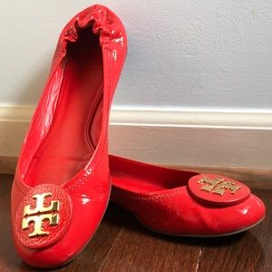 Tory Burch Reva Red Leather Logo Ballerina Flats